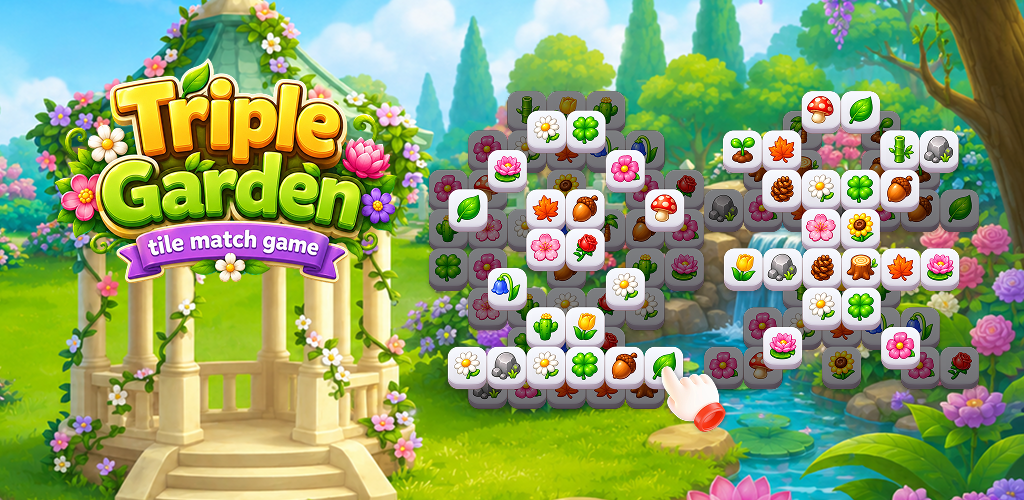 Triple Garden banner with colorful tile-matching scene